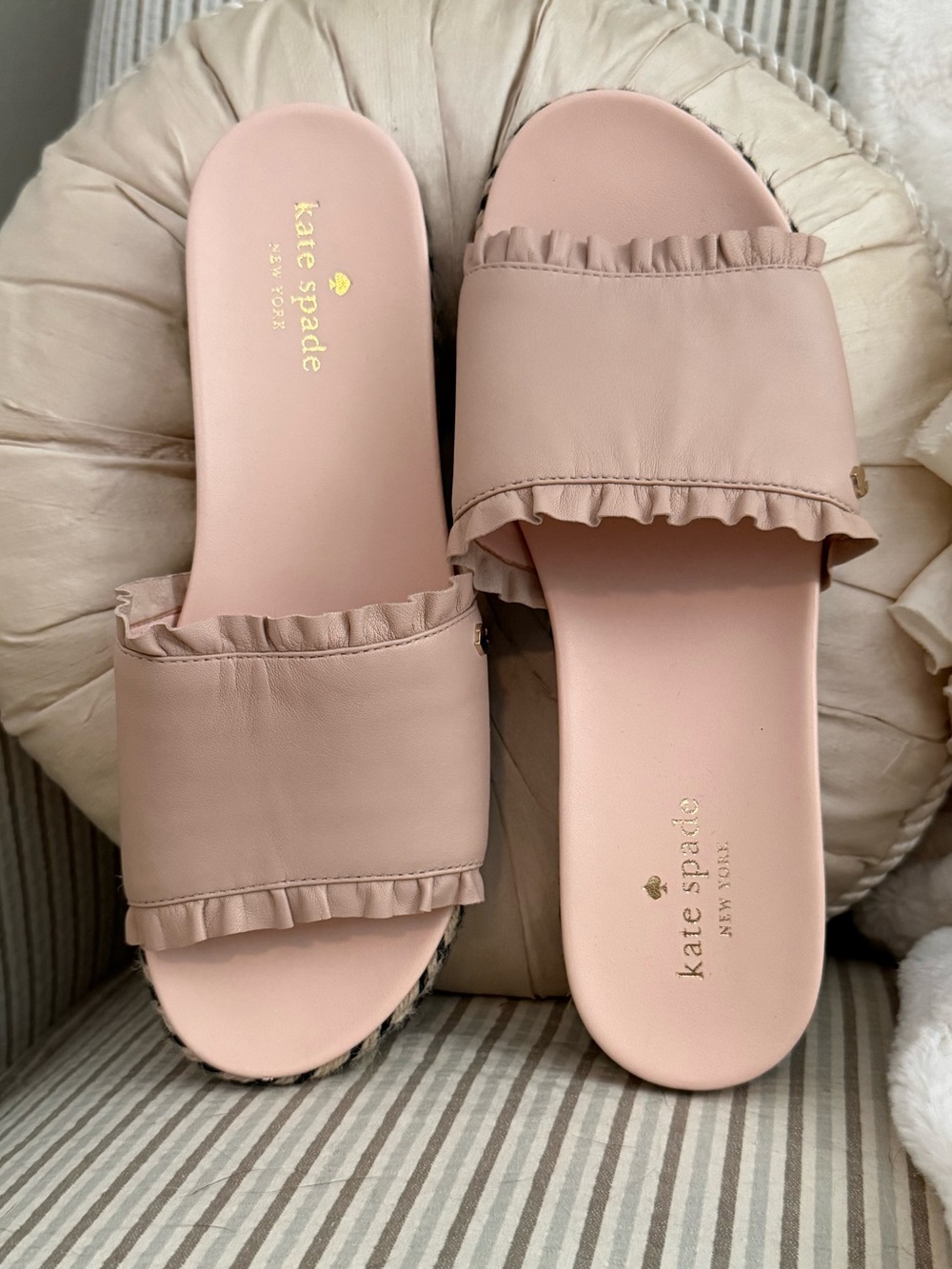 Kate Spade Zahara Blush Pink Ruffle Espadrille Leather Slide Sandals Size 8
